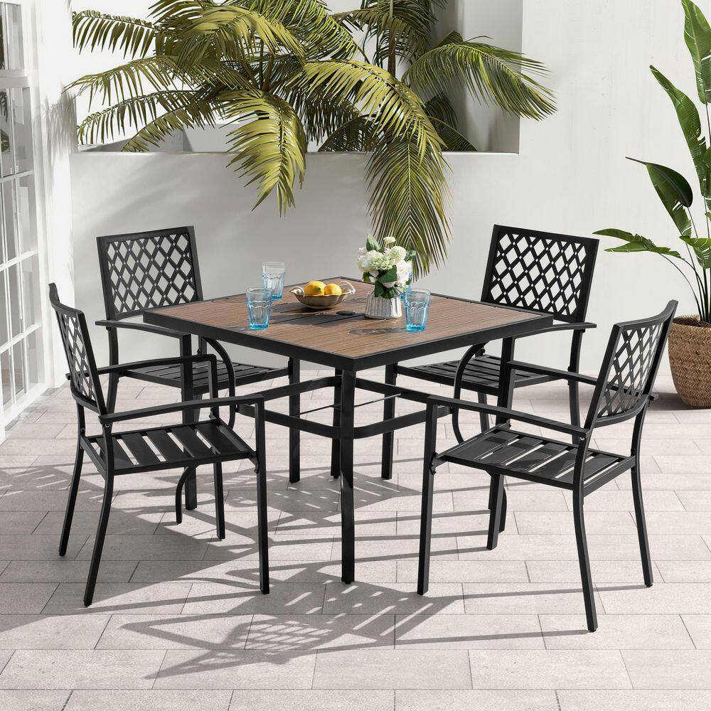 Black 5-Piece Metal and Faux Wood Square Outdoor Dining Set with Umbrella Hole, Stackable Chairs, Powder-Coated Finish price history on PriceWatchPro