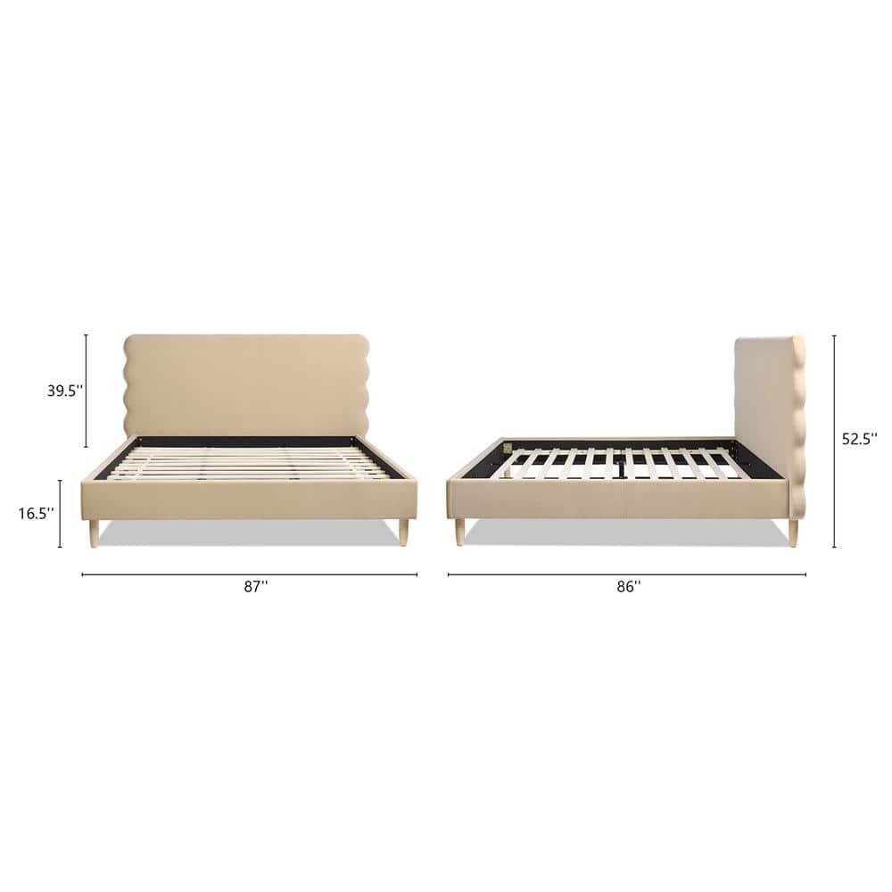 King Fawn Brown Velvet Upholstered Platform Bed with Wavy Headboard