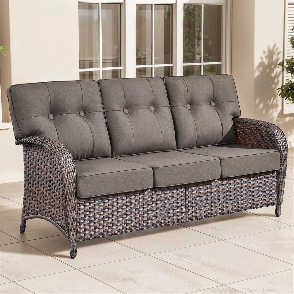 Modern Seaside Series 3-Seat Wicker Outdoor Patio Sofa Couch with Deep Seating and Gray Cushions price history on PriceWatchPro