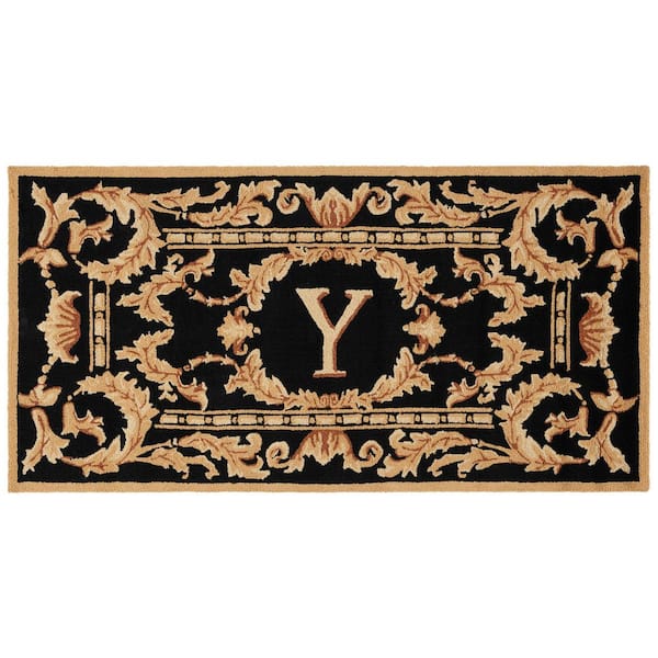 Monogram Black 3 ft. x 6 ft. "Y" Ornate Leaf Indoor/Outdoor Area Rug