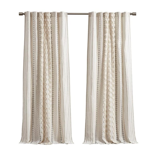 84 in. W x 50 in. L Cotton Shower Curtain in Light Beige with Chenille Stripe&Lining Ivory for Living Room, Bath,Bedroom