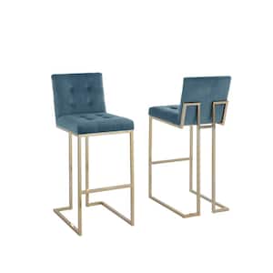Maurisio 42" in. H Teal Blue High Back Gold Chrome Metal Legs Bar Stool with Velvet Fabric Seat (Set of 2).