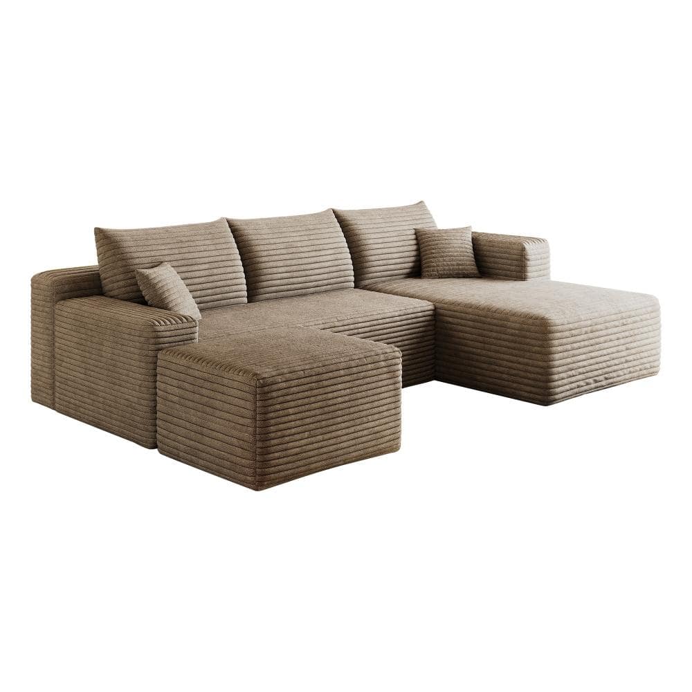 95 in. Armless 4-piece Corduroy U-Shaped Sectional Sofa with Ottoman in Camel durable construction