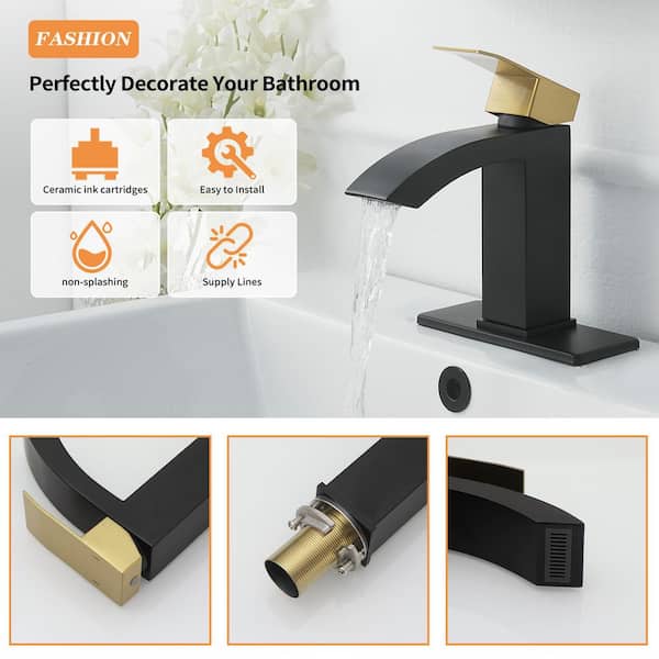 Single Handle Two-Tone Waterfall Bathroom Faucet in Black and Gold with Deck Plate and Drain