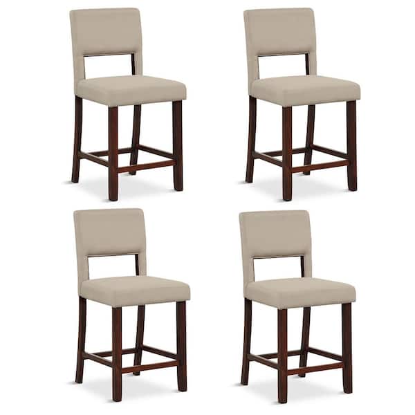 Gymax 4-Pcs 24.5 in. Beige Linen Fabric Counter Height Bar Stool Set withBack and Rubber Wood Legs