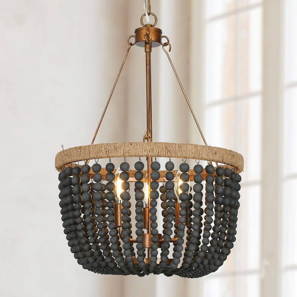 3-Light Antique Gold Chandelier with Black Wood Beads