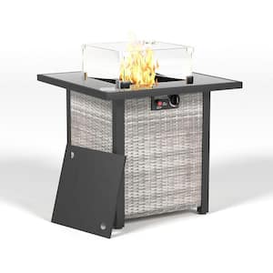 28 in. Outdoor Propane Fire Pit Table with Glass Windscreen Protector - Rattan and Wicker-Look in. White + Gray