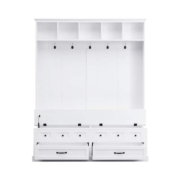 Elegant Wide Hall Tree with 5-Hooks, Versatile Entryway Lift Top Storage Bench with 2-Drawers, Black Handles, White