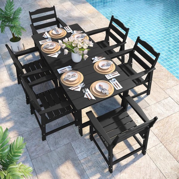 Thoeoe Black 7-Piece HDPE Plastic Patio Outdoor Dining Set with