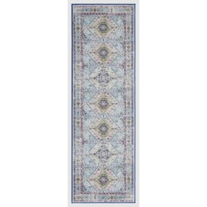 Eden Collection Aubosson Blue 2 ft. x 7 ft. Machine Washable Traditional Indoor Area Rug