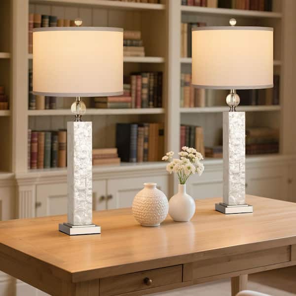 33 in. Modern Resin Table Lamp Set of 2, 3 Color Temp Bedside Lamp with White Linen Shade (Bulbs Included)