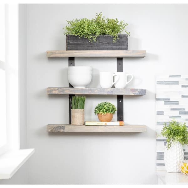 Del Hutson Designs Industrial Grace 5.5 in. x 24 in. x 20 in. Gray Pine Wood 3-TIer Decorative Wall Shelf with Brackets