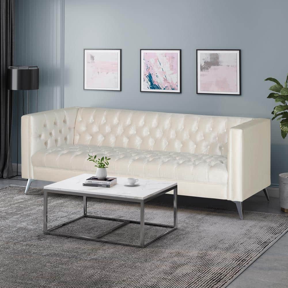 Beige Velvet Tufted Tuxedo 3-Seater Sofa with Wood Frame