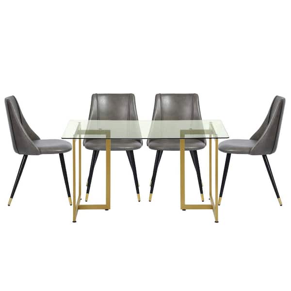 Homy Casa Slip Smeg Grey 5Pcs Dining Set with Glass Top Gold Leg Table and Faux Leather