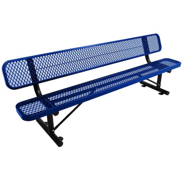8 ft. Blue Outdoor Metal Steel Bench with Backrest for Garden, Lawn