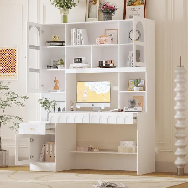 62.4 in. W 2 in. 1 Wood Computer Desk White Writing Desk 79.1 in. Tall Bookshelf, -Drawers, Door Cabinet Home Office