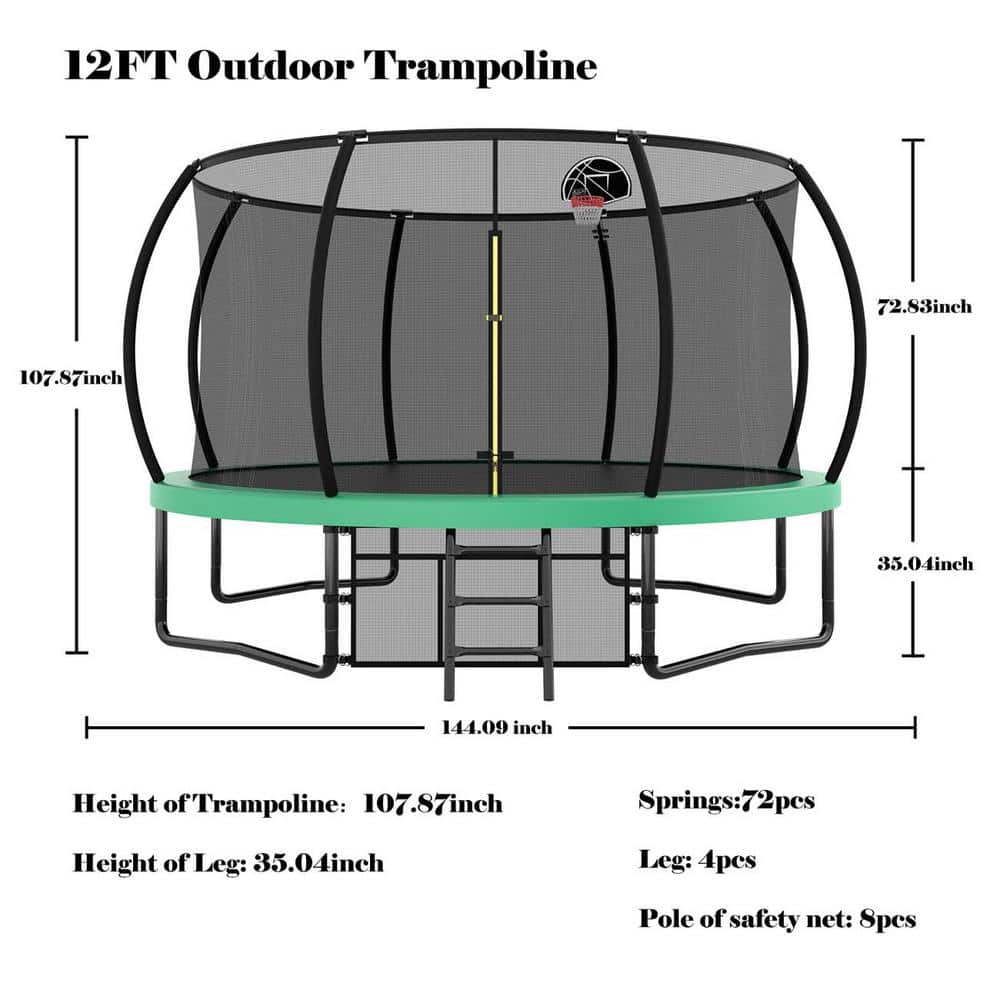 12FT Black Round Kids' Trampoline with Safety Enclosure and Ladder