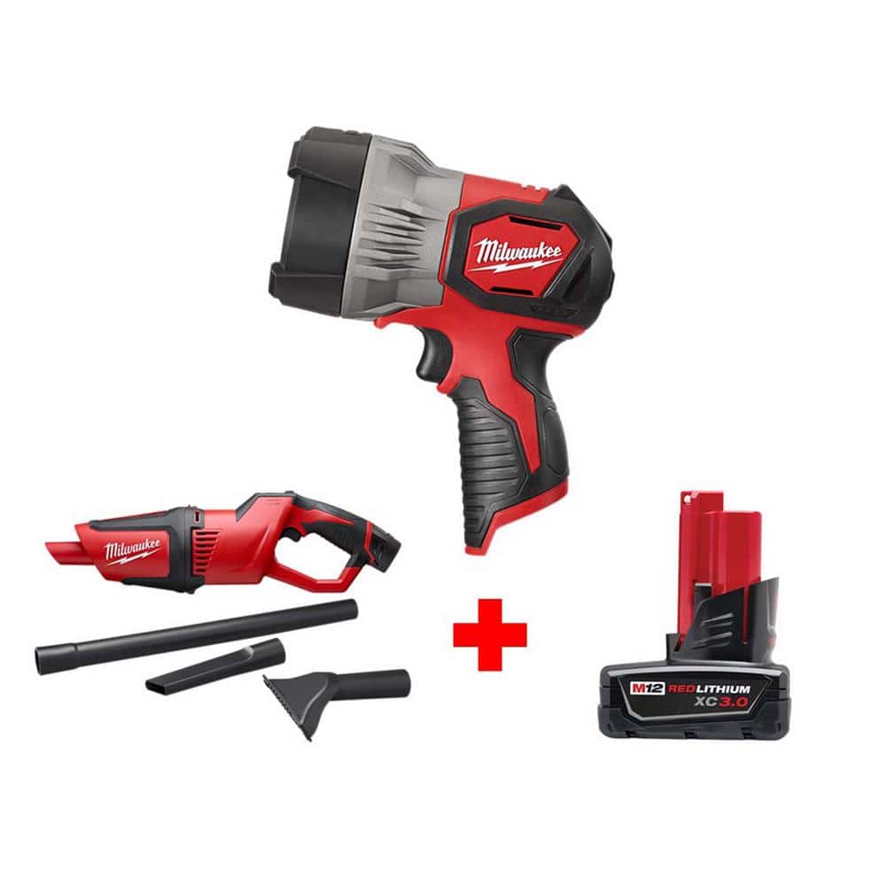 Milwaukee M12 12-Volt Lithium-Ion Cordless 750 Lumens TRUEVIEW LED Handheld Spotlight with M12 Compact Vacuum and 3.0 Ah Battery, Red -  2353-20-50-2bq