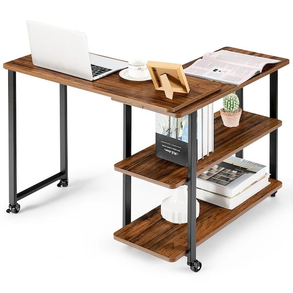 ANGELES HOME 31.5 in. Brown Wood Patented 360° Free Rotating Sofa Rectangular End Table with Storage Shelves and Casters