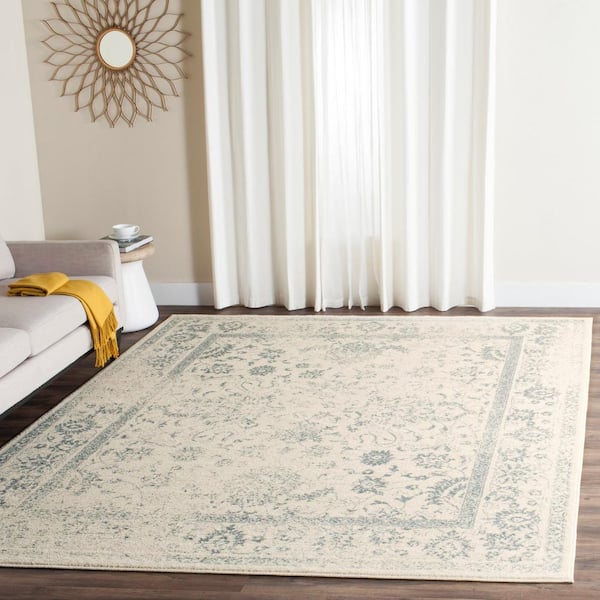 Adirondack Ivory/Slate 12 ft. x 12 ft. Border Distressed Square Area Rug