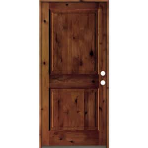36 in. x 80 in. Rustic Knotty Alder Square Top Red Chestnut Stain Left-Hand Inswing Wood Single Prehung Front Door