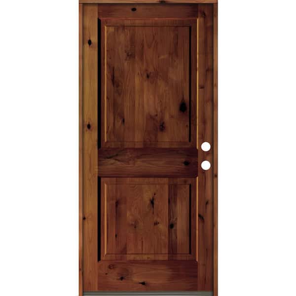 Krosswood Doors 36 in. x 80 in. Rustic Knotty Alder Square Top Red Chestnut Stain Left-Hand Inswing Wood Single Prehung Front Door