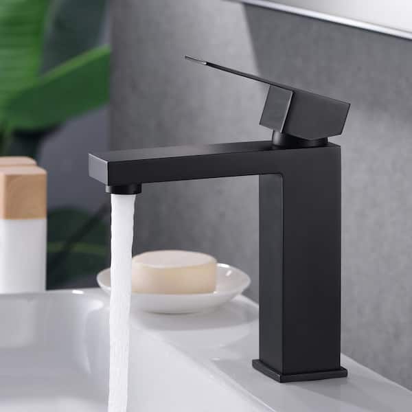 Single Handle Single Hole Stainless Steel Bathroom Faucet with Deckplate and Pop-Up Drain Included in Matte Black