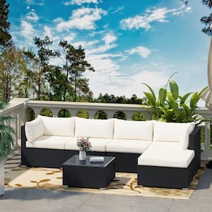 Black Wicker Outdoor Sectional Set Corner Sofa Set with Beige Cushions and Table