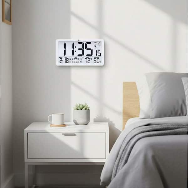White Digital Wall Clock with Backlight, Battery Operated DANBQ5