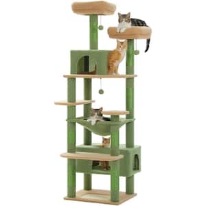 72 in. Large Green Cat Tower Condo with Scratching Posts and Pads, 2 Padded Perch, Dual Condo and Basket for Indoor Cats