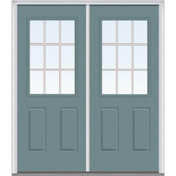 MMI Door 64 in. x 80 in. Tan Internal Grilles Left-Hand Inswing 1/2-Lite Clear Painted Fiberglass Smooth Prehung Front Door