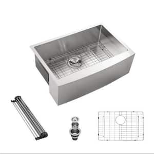 33 in. Farmhouse/Arch Edge front Steel Kitchen Sink with Bottom Grid Basket Strainer and Single Bowl 16-Gauge Stainless