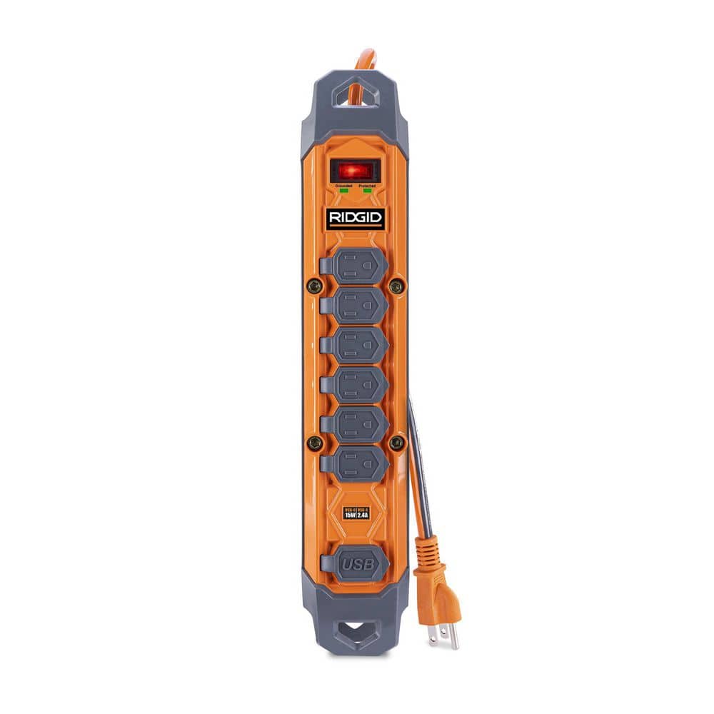 RIDGID 8 ft. Cord 6-Outlet, 2.4 Amp USB-A, 15-Watt USB-C, 2100J Surge Protector, Orange -  RG608UC