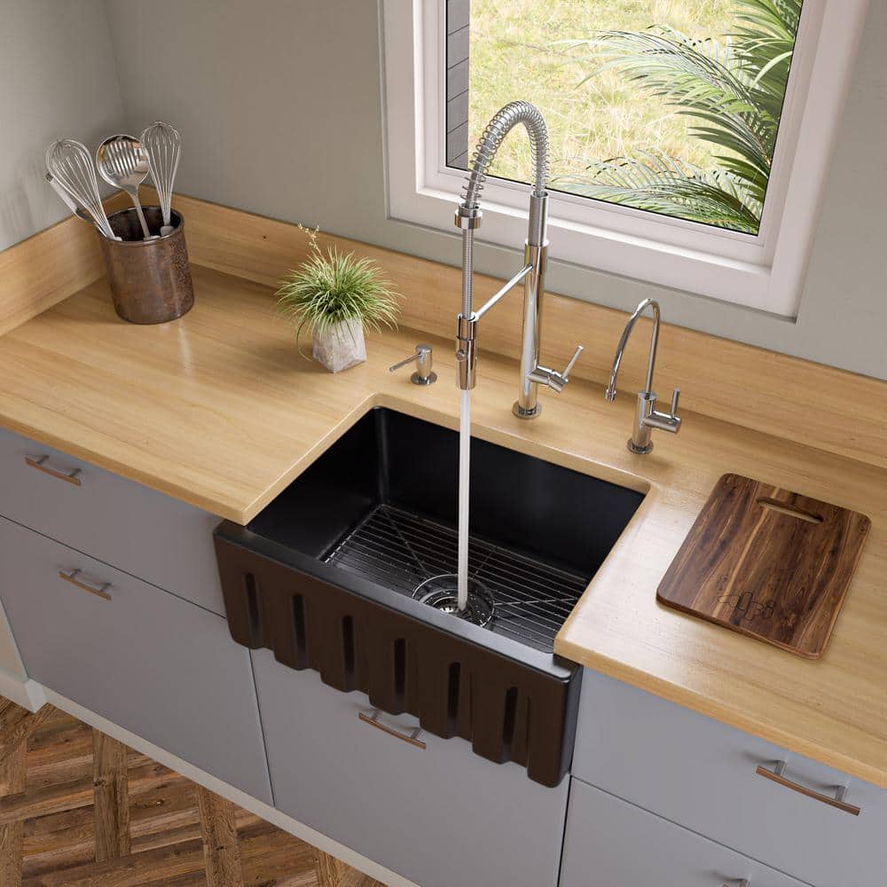 24'' Gloss Black Fireclay Farmhouse Drop-In Sink