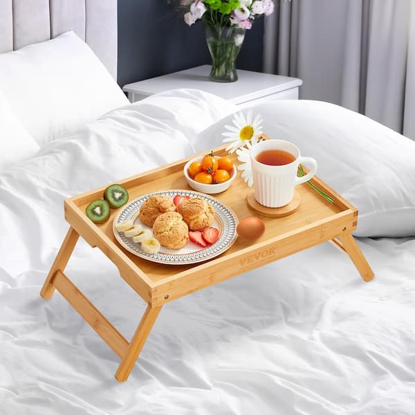 3 Pcs Acacia Bed Table Tray with Folding Legs and Handles Wooden Breakfast  Tray Lap Snack Serving Tray Wood Laptop Desk for Eating Drawing Working