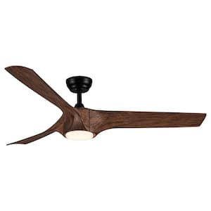 56 in. Dimmable Integrated LED Light Indoor Black Remote Flush Ceiling Fan with Brown Wood Grain ABS Blade