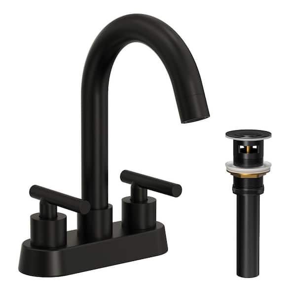 GRANDJOY 4 in. Centerset 2 or 3-Hole Double Handle High Arc Bathroom Faucet in Spot Resistant Matte Black with Pop-Up Drain