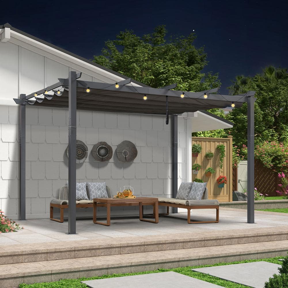 Gray Aluminum 9.5' x 13' Retractable Pergola with Canopy