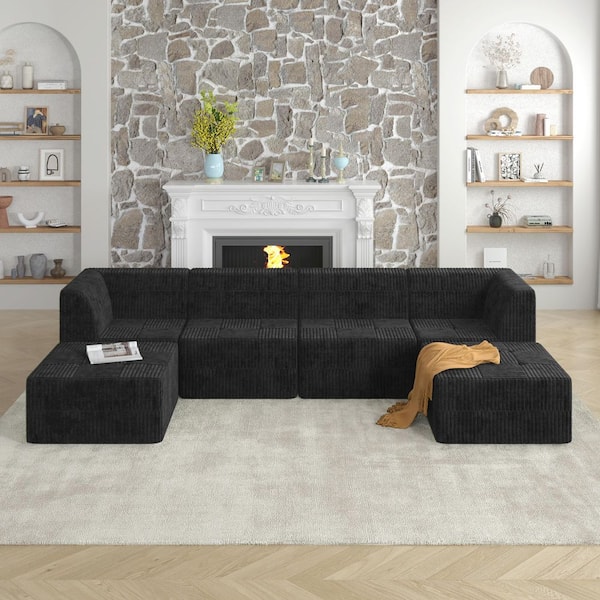 130.3 in. Corduroy U-Shape Compressed Sectional Sofa in Black