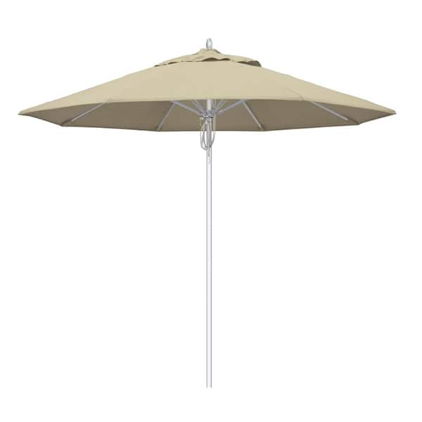 California Umbrella 9 ft. Silver Aluminum Commercial Fiberglass Ribs Market Patio Umbrella and Pulley Lift in Antique Beige Sunbrella