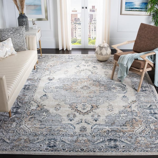 Oregon 10 ft. x 10 ft. Square Beige/Gray Distressed Floral Medallion Area Rug