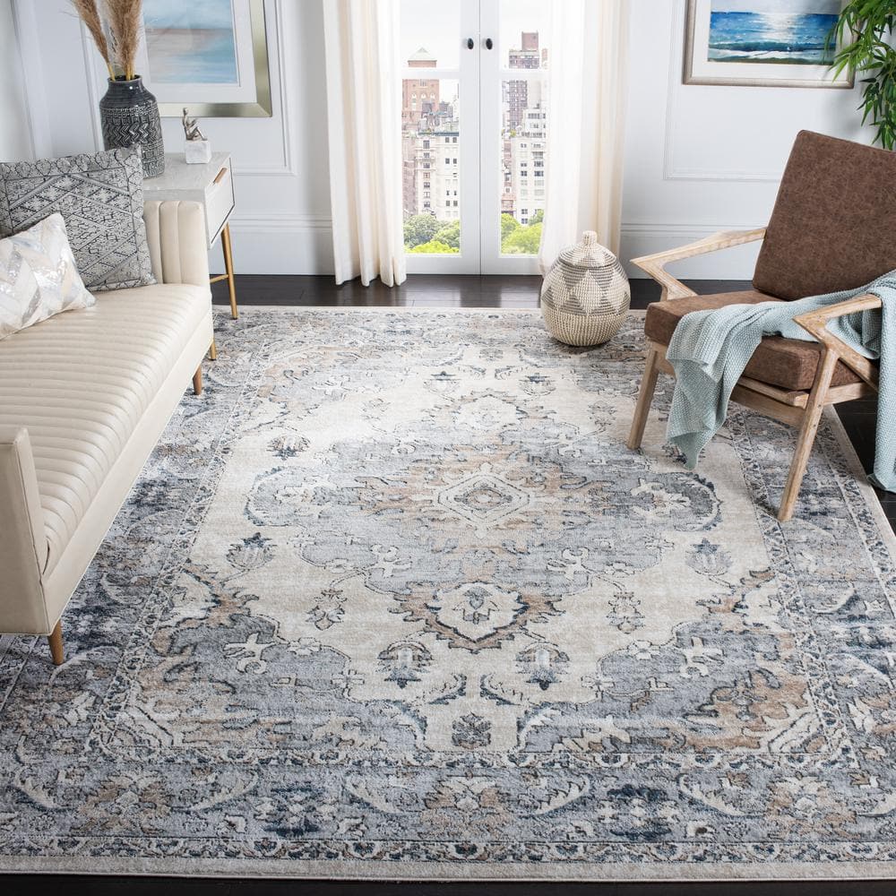Beige and Gray Floral Medallion 9' x 12' Area Rug