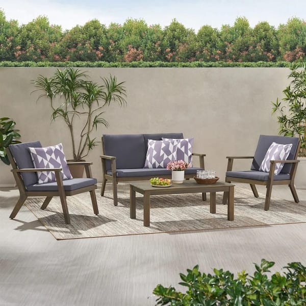 Unbranded 4-Piece Acacia Wood Patio Conversation Set with Gray Cushion by Christopher Knight Home