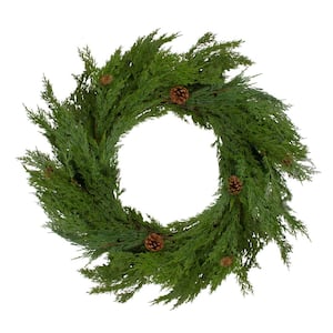 24 in. Soft Green Unlit Cedar Artificial Christmas Wreath with Pine Cones