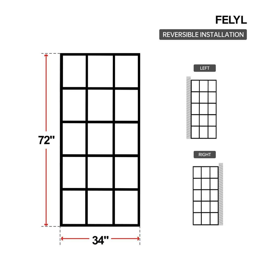 FELYL 34" x 72" Black Framed Clear Glass Shower Panel