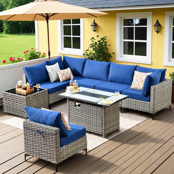 HOOOWOOO Holston 8-Piece Wicker Modern Outdoor Patio Rectangular Fire Pit Conversation Sofa Sectional Set with Navy Blue Cushions