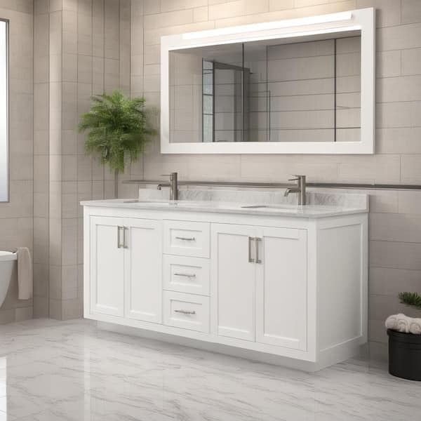 Wyndham Collection Miranda 72 in. W Double Bath Vanity in White with Cultured Marble Vanity Top in Light-Vein Carrara with White Basins