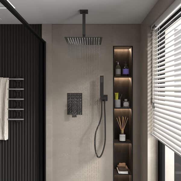 16 in. Single-Handle 2-Spray Square High Pressure Shower Faucet 2.5 GPM with Ceiling Shower Head in Matte Black