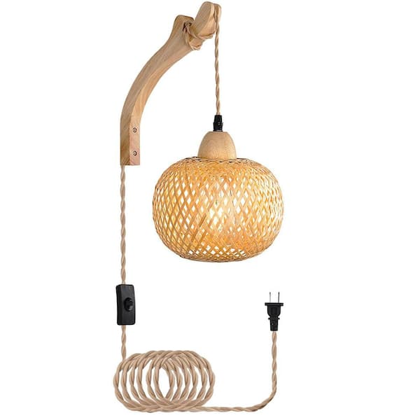 7 in. 1-Light Bamboo Lantern Plug in Wall Sconces with Plug in Cord Hand Woven Rattan Wall Light Farmhouse Rustic Style
