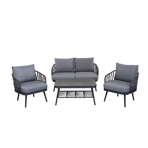 4-Piece Black & Grey Outdoor Patio Furniture Set with Metal Chairs, Woven Rope U-Shaped Backrest, Cushions Coffee Table